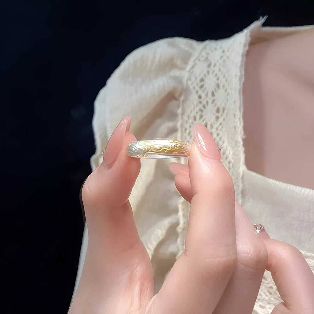 White copper xiangyun pattern adjustable ring with electroplated silver and gold finishes