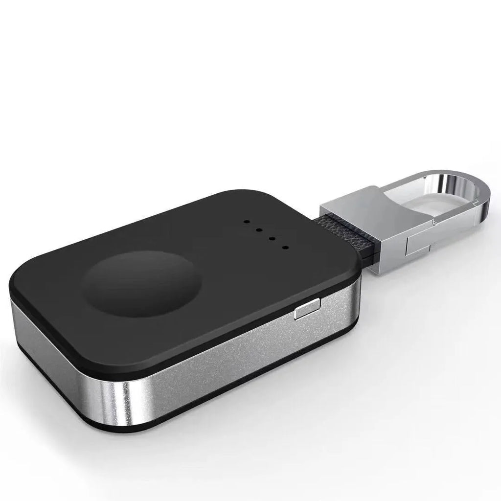 Black portable Apple Watch wireless charger with keychain loop and built-in battery