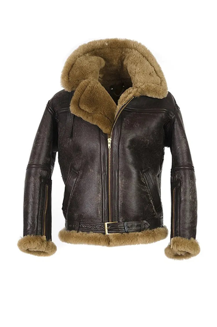 Men's brown retro style synthetic leather fur coat with side pockets and straight hem