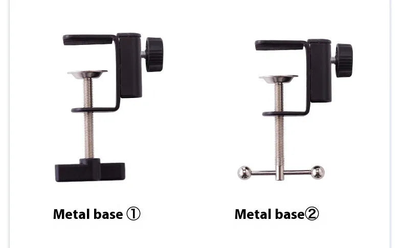 Black foldable metal desktop cantilever bracket holding a tablet, showing adjustable arm and clamp.