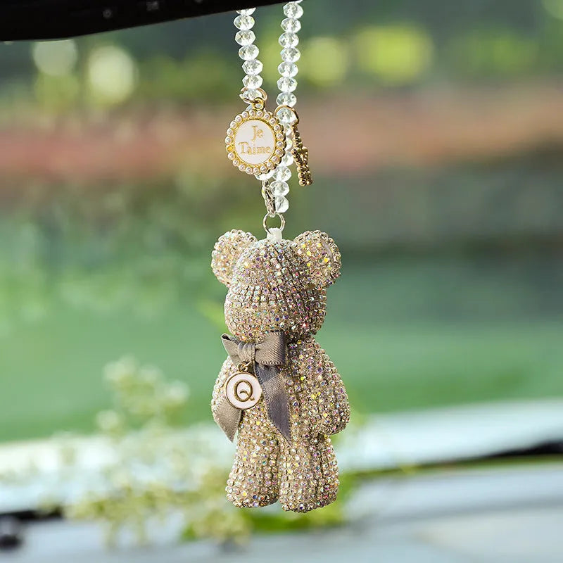 Artificial crystal rhinestone Violent Bear car rearview mirror pendant in black mixed pastel and white measuring 5x9CM