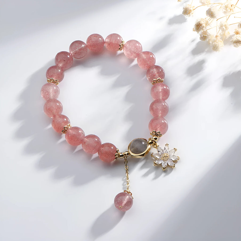 Strawberry quartz crystal bracelet with floral design elements in Mori style