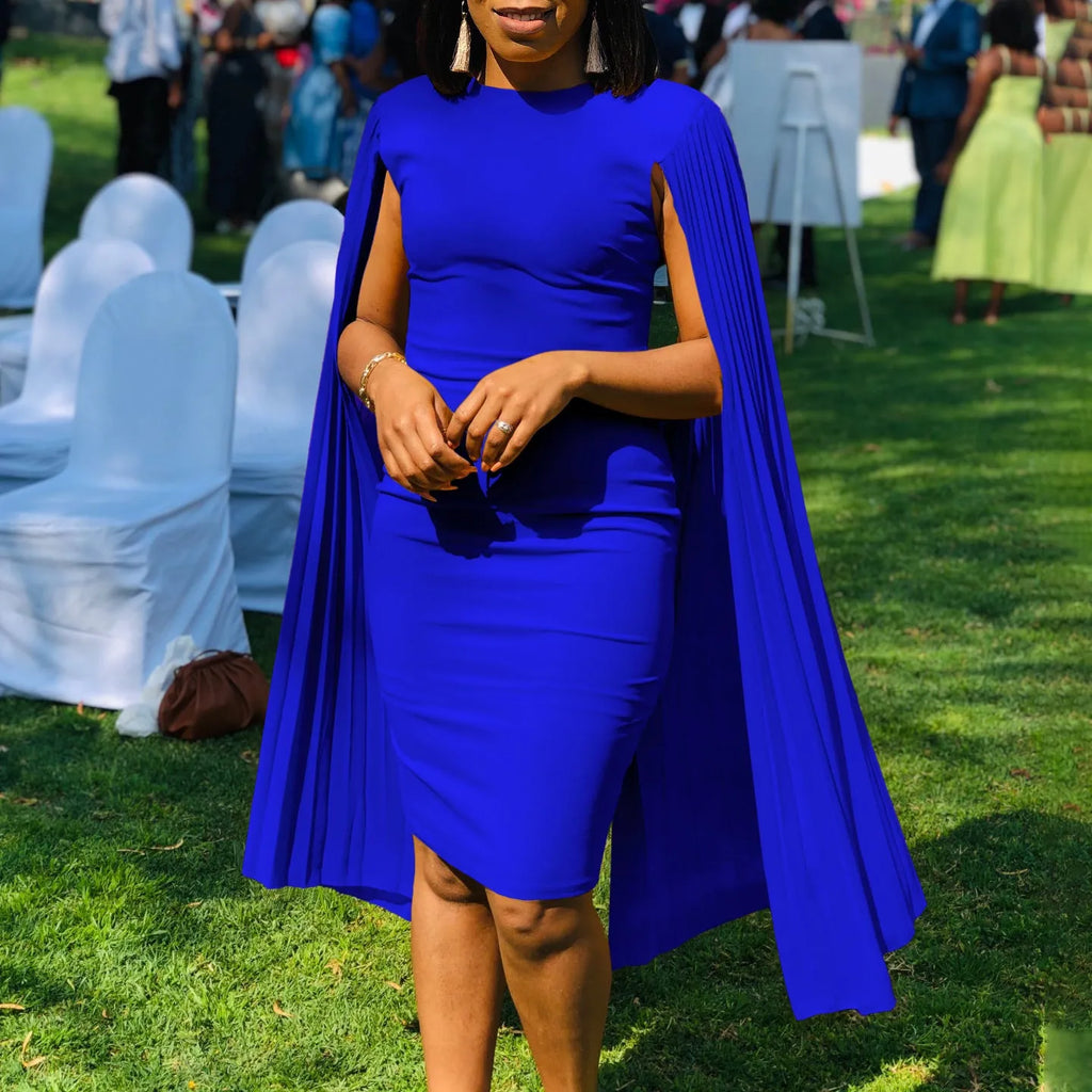 Round neck evening gown with pleated shawl collar and long sleeves in polyester fabric