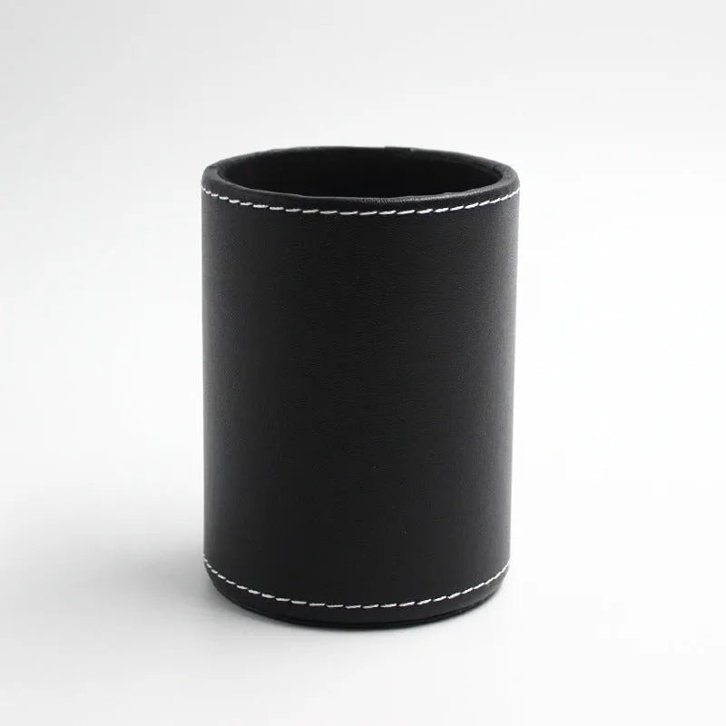 Black leather round pen holder container showing 8.0cm diameter and 10.8cm height dimensions