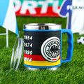World Cup soccer mug souvenir with rubber metal construction, 7.6cm diameter, showing team colour design