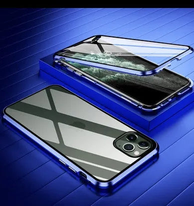 Anti-spy privacy phone case in black with a glass screen guard, shown next to an iPhone.