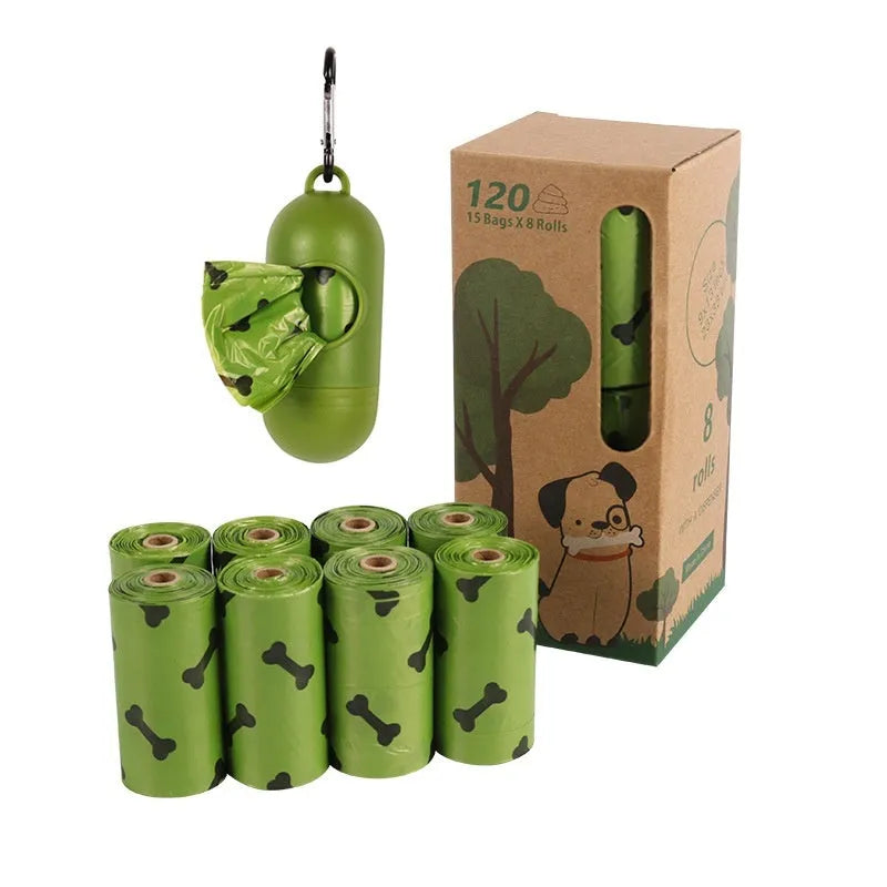 Military green degradable dog poop bags with black bone print measuring 23cm by 33cm