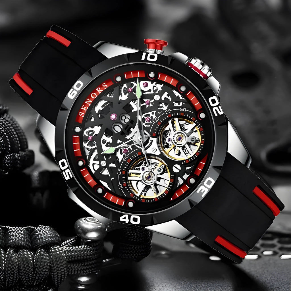 Automatic mechanical men's watch with skeleton dial showing internal components, luminous hands, in red colour option