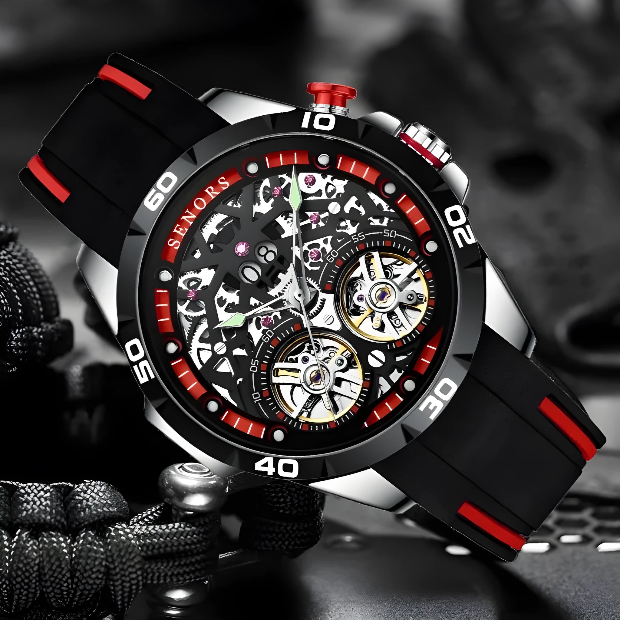 Automatic mechanical men's watch with skeleton dial showing internal components, luminous hands, in red colour option