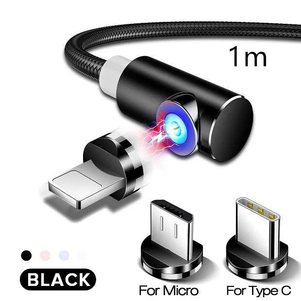 Black L-shaped magnetic charging cable with aluminium connector and LED light next to phone