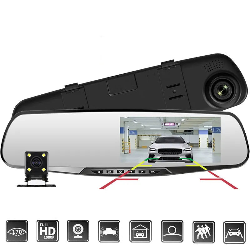 Black car driving recorder with 4.3-inch rearview mirror display, dual lens, 170° angle and 8MP night vision