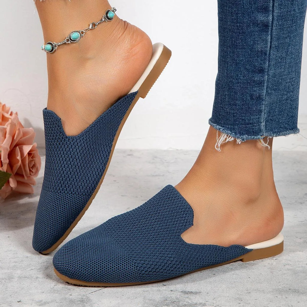 Mesh slip-on sandals in apricot colour with round toe design and rubber sole