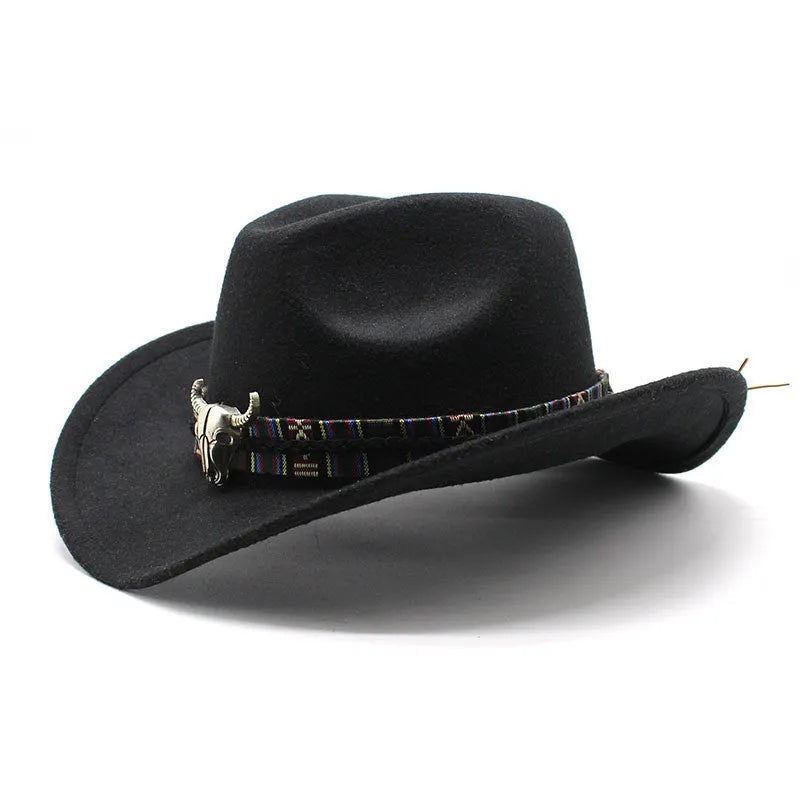 A wool felt western cowboy hat with a bell crown, shown in one of fourteen available colours including army green, black, or wine red.