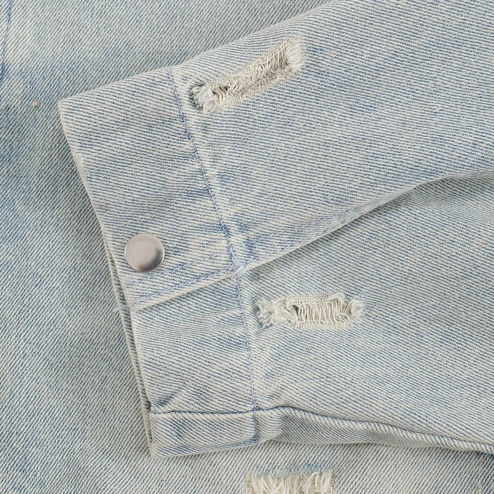 Punk worn out denim jacket in light blue for men, loose fit with long sleeves and straight hem