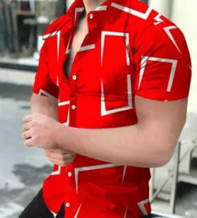 Man wearing a slim fit short sleeve shirt with a colourful 3D floral beach print.