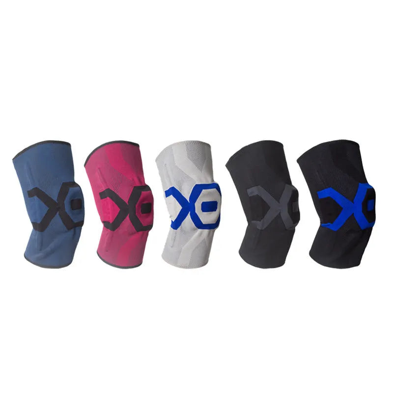 Men's silicone knee pads in black and blue, shown worn on the knee.