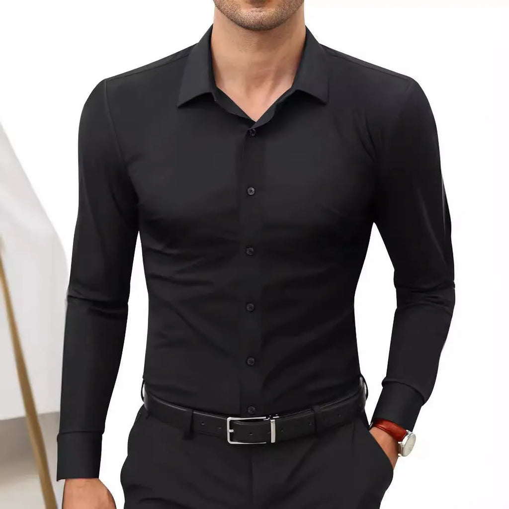 Men's long sleeve solid colour cardigan style shirt with four-sided elastic polyester fabric