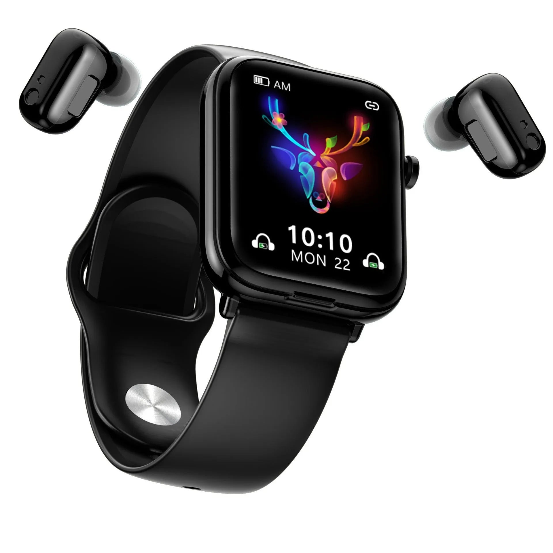 Black all-touch smart watch body with zinc alloy frame and 1.69 inch screen showing fitness data