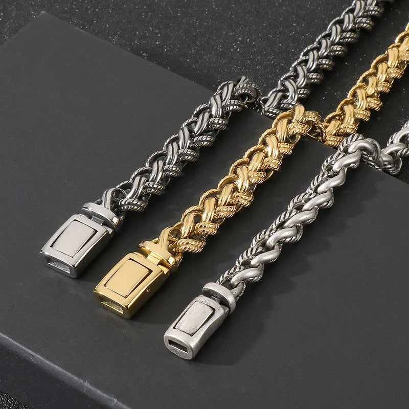 Men's keel chain titanium steel necklace in antique silver finish showing geometric design details