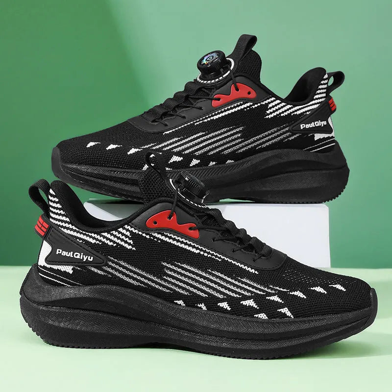 Men's white and green Fly-kit mesh running shoes with rotating buckle and TPU popcorn sole on a flat heel.