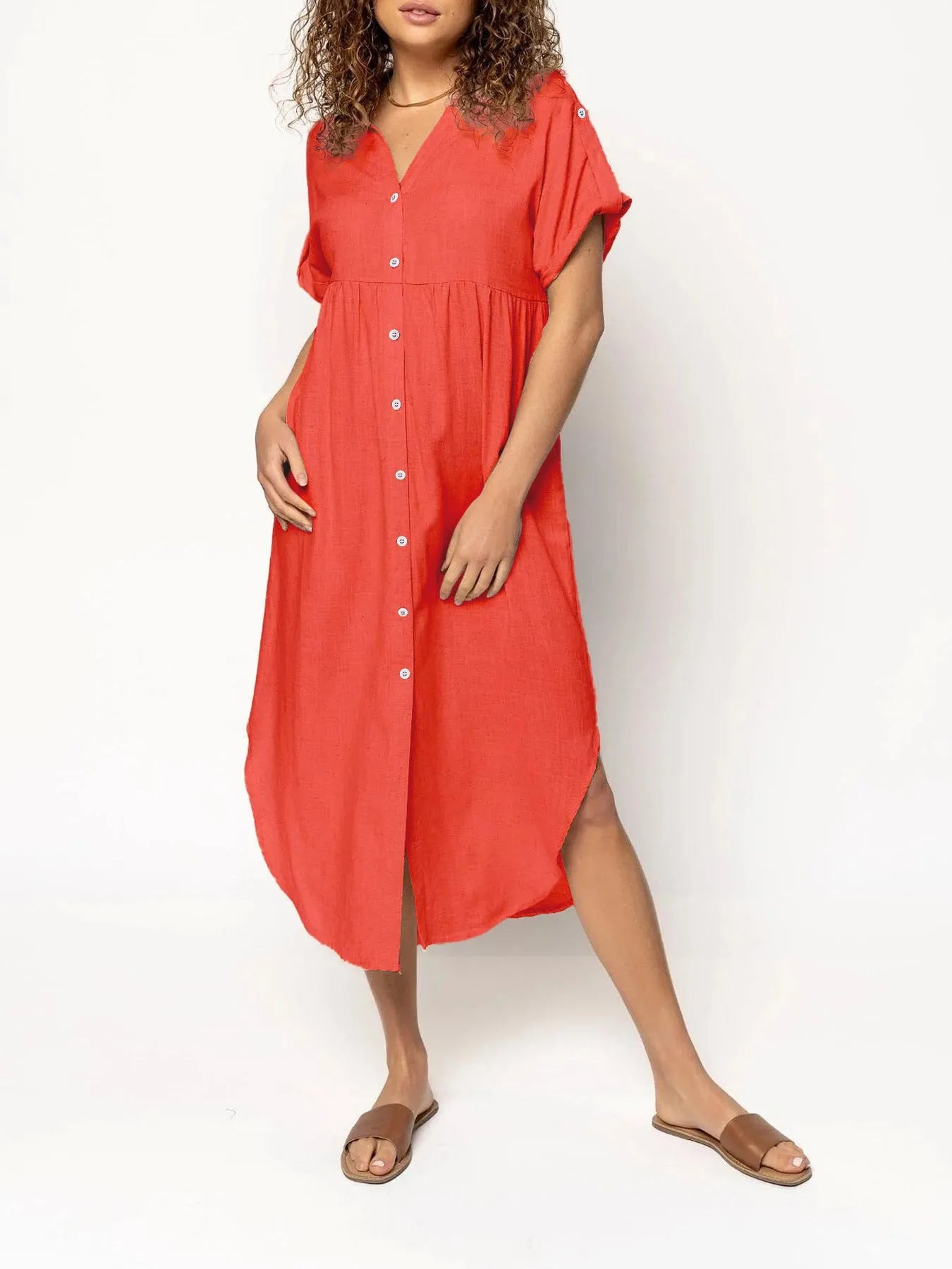 Casual button-front mid-length dress in loose fit available in multiple solid colours
