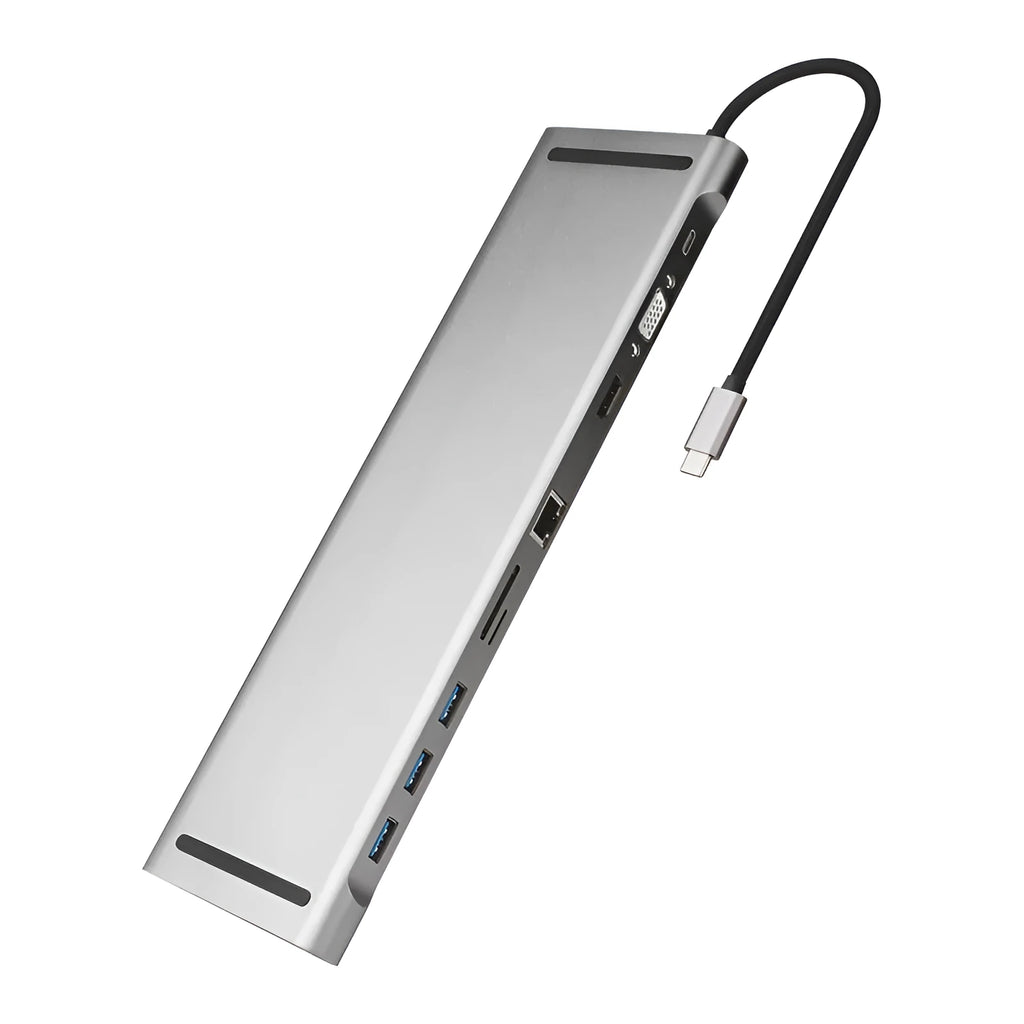 Grey aluminium alloy USB C hub docking station with cooling bracket showing ten ports including HDMI and VGA