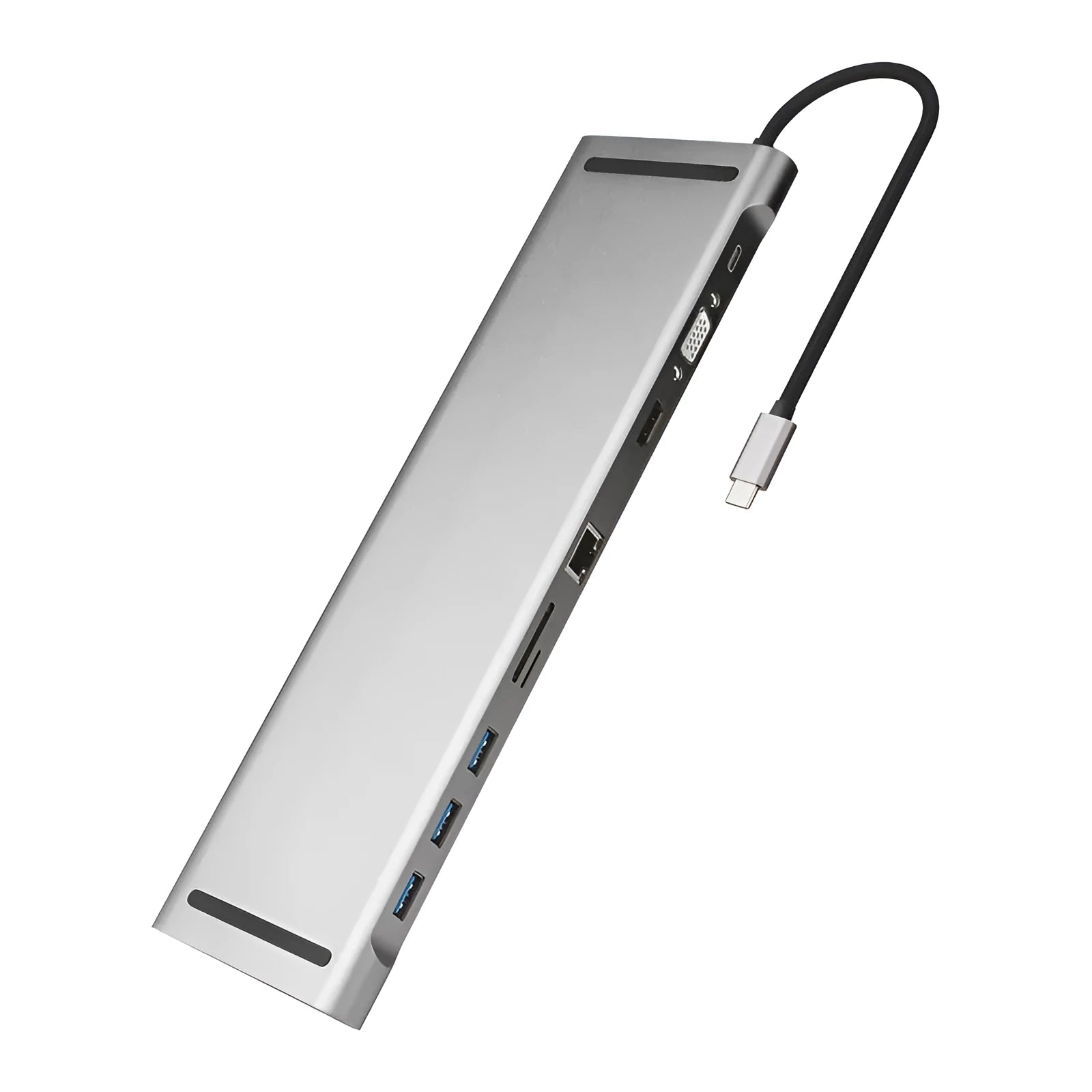 Grey aluminium alloy USB C hub docking station with cooling bracket showing ten ports including HDMI and VGA