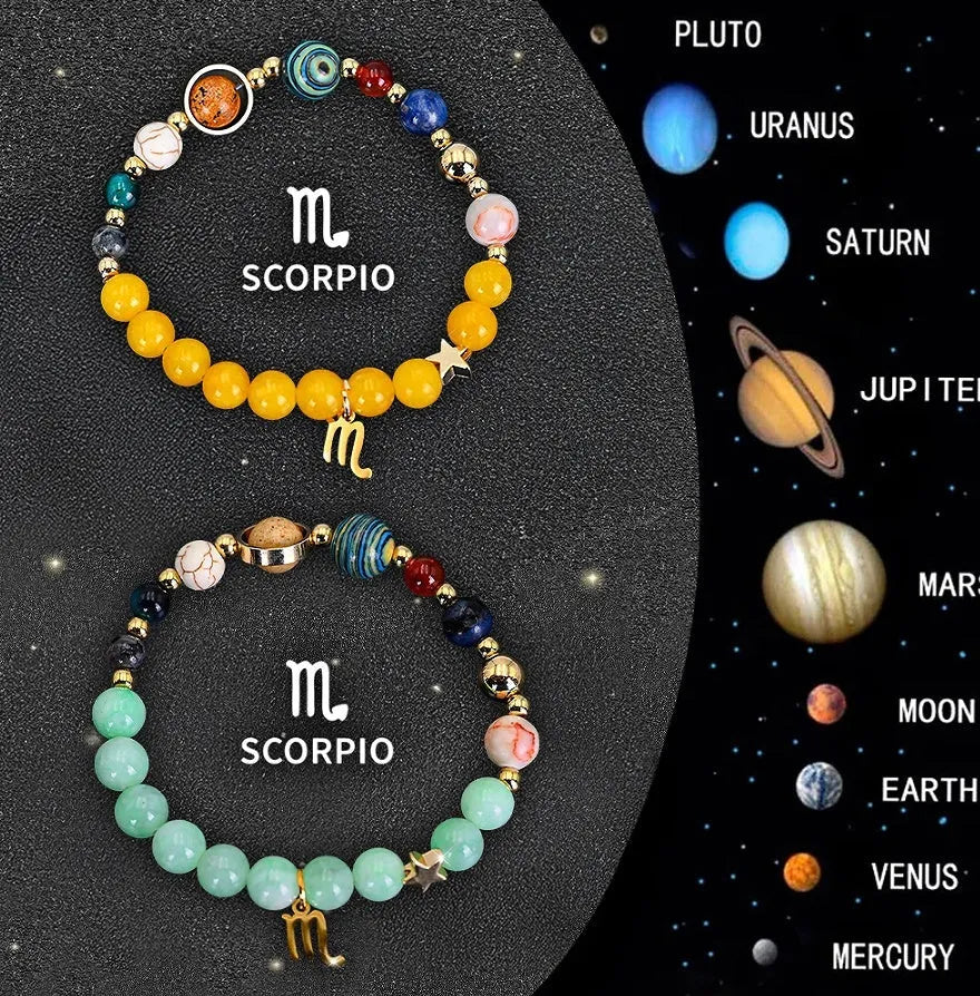 Twelve zodiac sign bracelets with natural stone beads and silver charm symbols on elastic cords