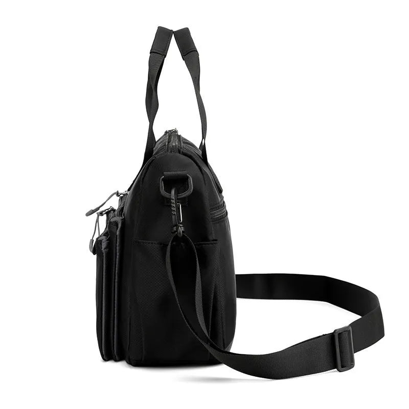 Men's Oxford cloth single shoulder travel bag, horizontal square zip satchel, shown in black, blue, green, or grey, sizes S and M.