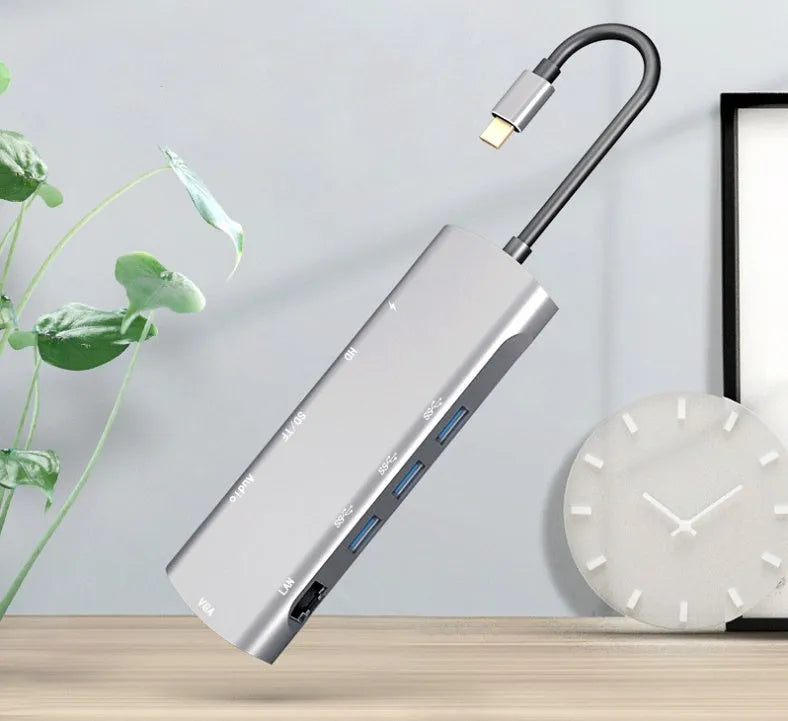 Grey aluminium USB-C docking station with HDMI, VGA and USB ports