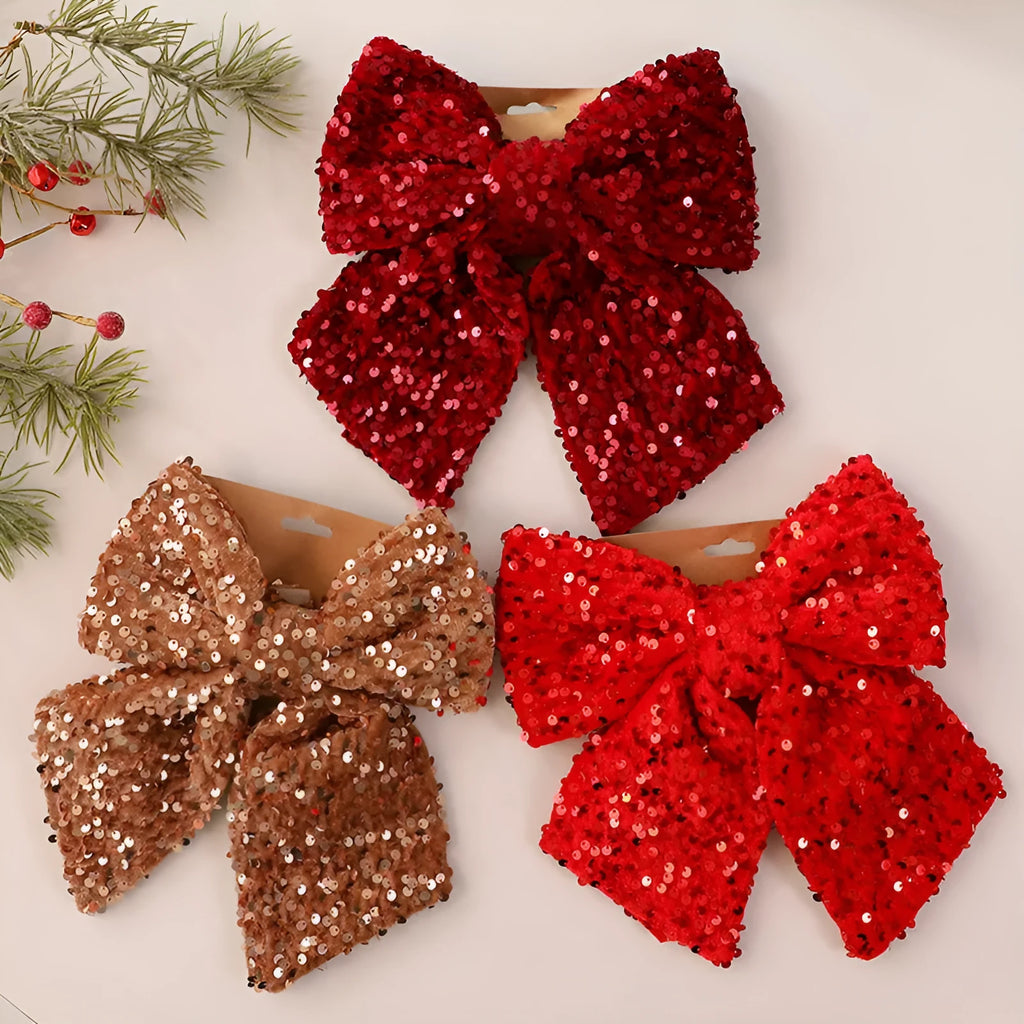 Polyester 25cm red paillette sequin bow Christmas decoration pendant hanging on a white background