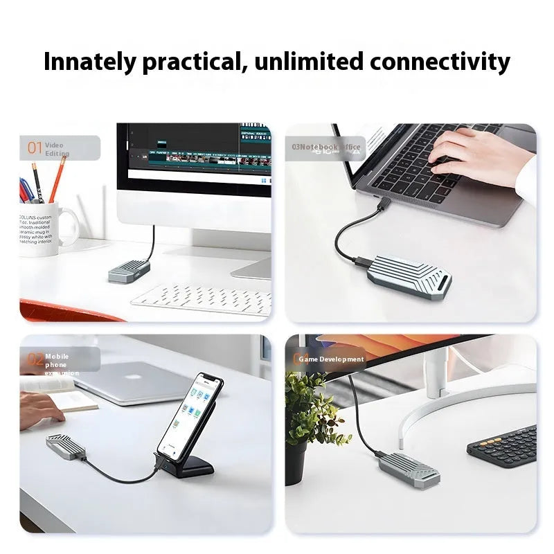 Thunderbolt 4 compatible aluminium M.2 NVMe SSD external enclosure in silver, grey, and grey with fan versions.