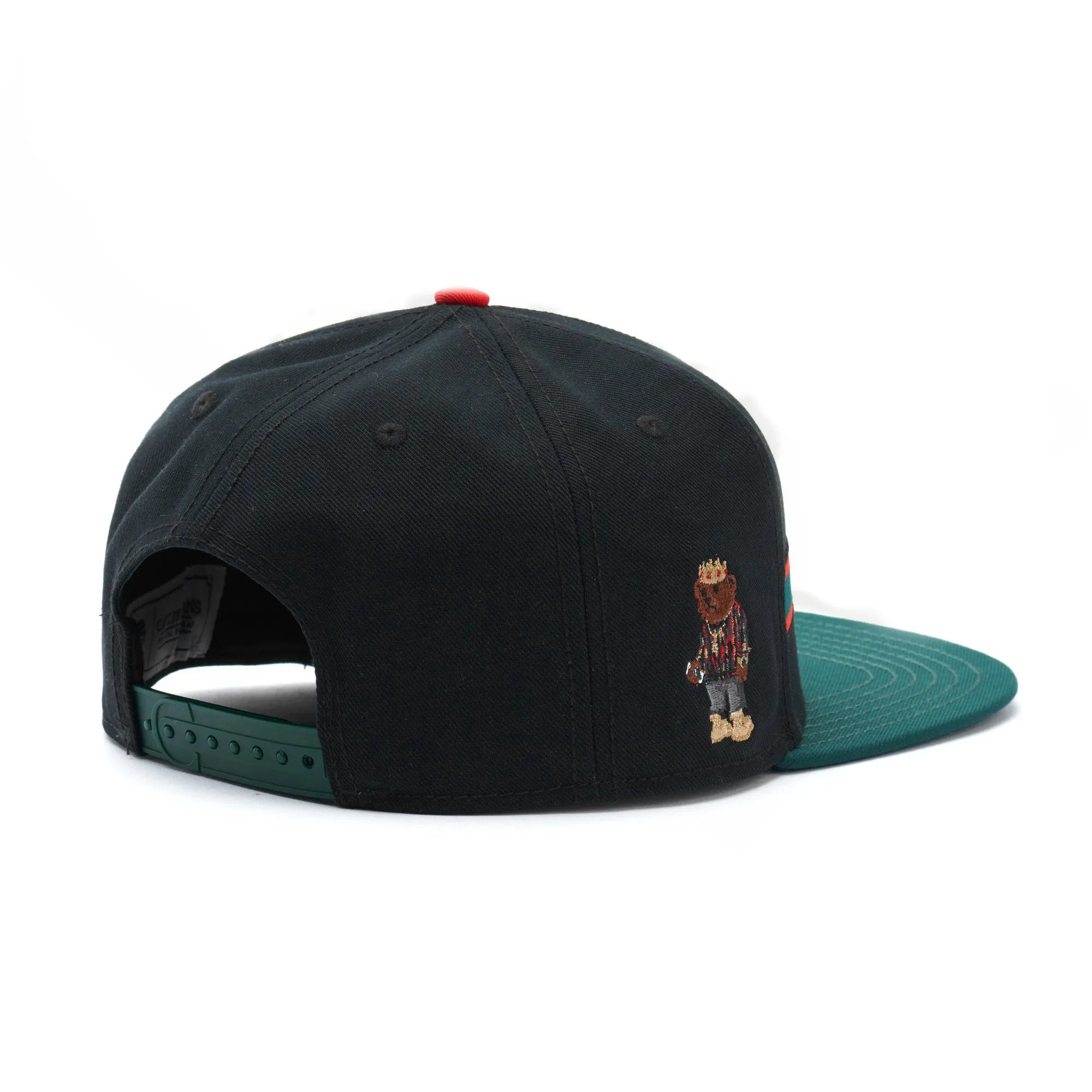 Black canvas embroidered baseball cap with dome shape and adjustable back closure