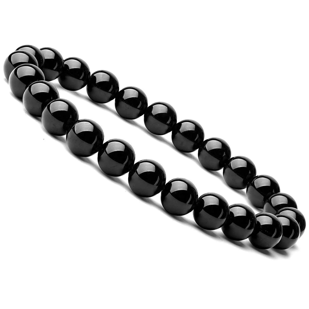 Geometric black agate bracelet with 8mm beads on elastic cord for women.