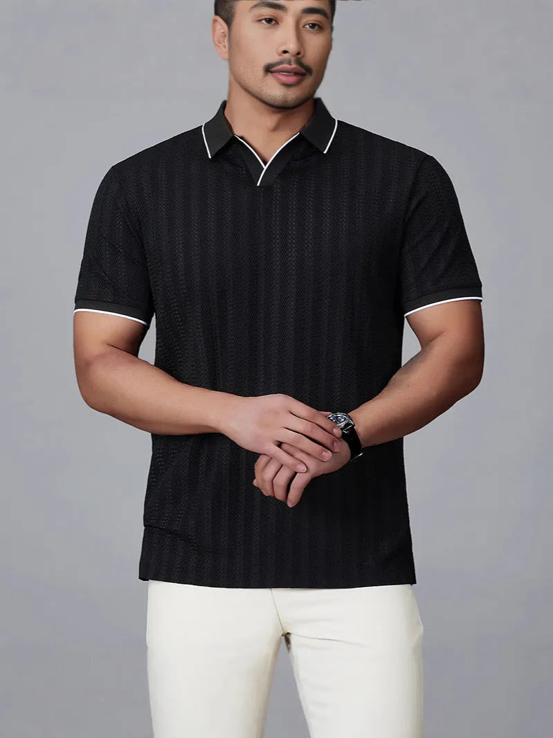Men's short-sleeved polo shirt in black, loose fit thin nylon fabric with polo collar