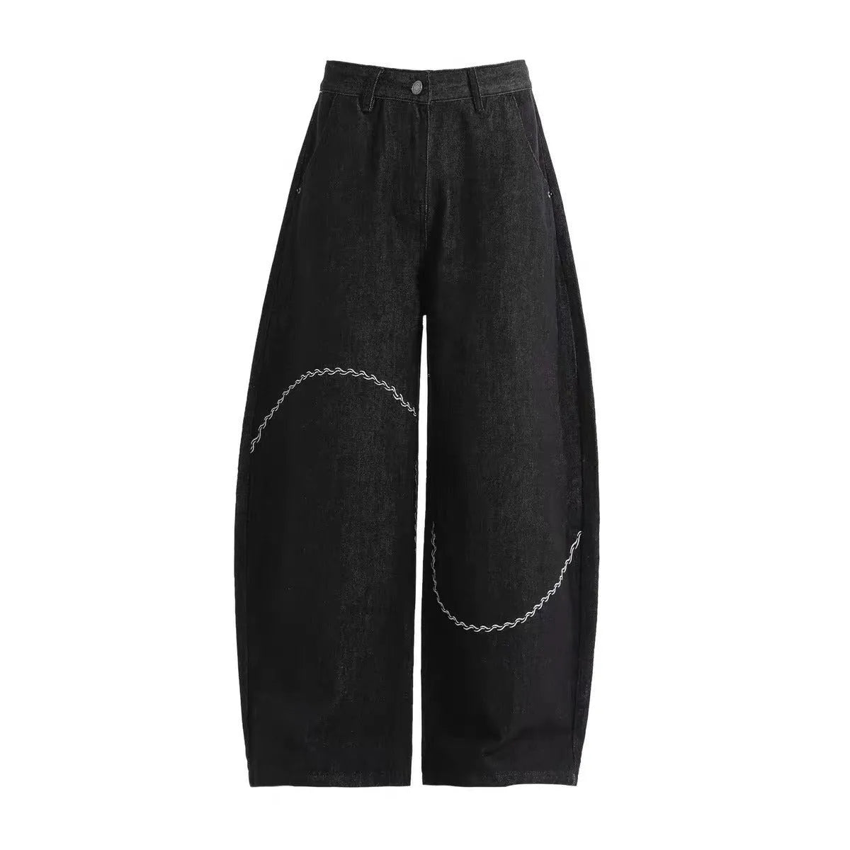 Black straight-leg men's trousers with a mid-waist and zip fly on a hanger.
