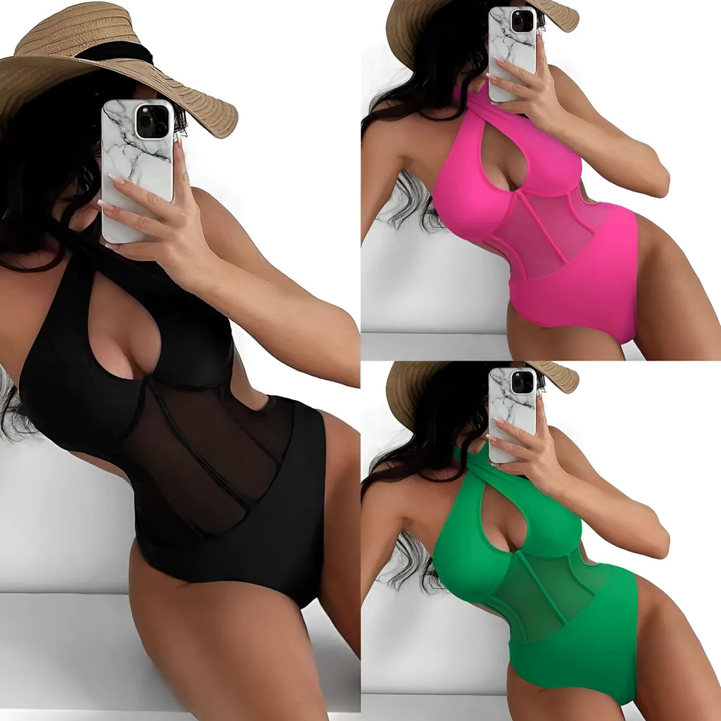 A woman's one-piece bikini swimsuit on a hanger, shown in black, rose red, and green colour options.