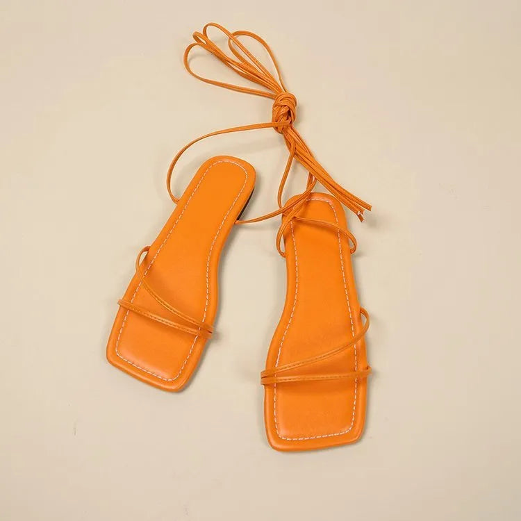 Women's white flat sandals with ankle ring bandage cloth and square toe design