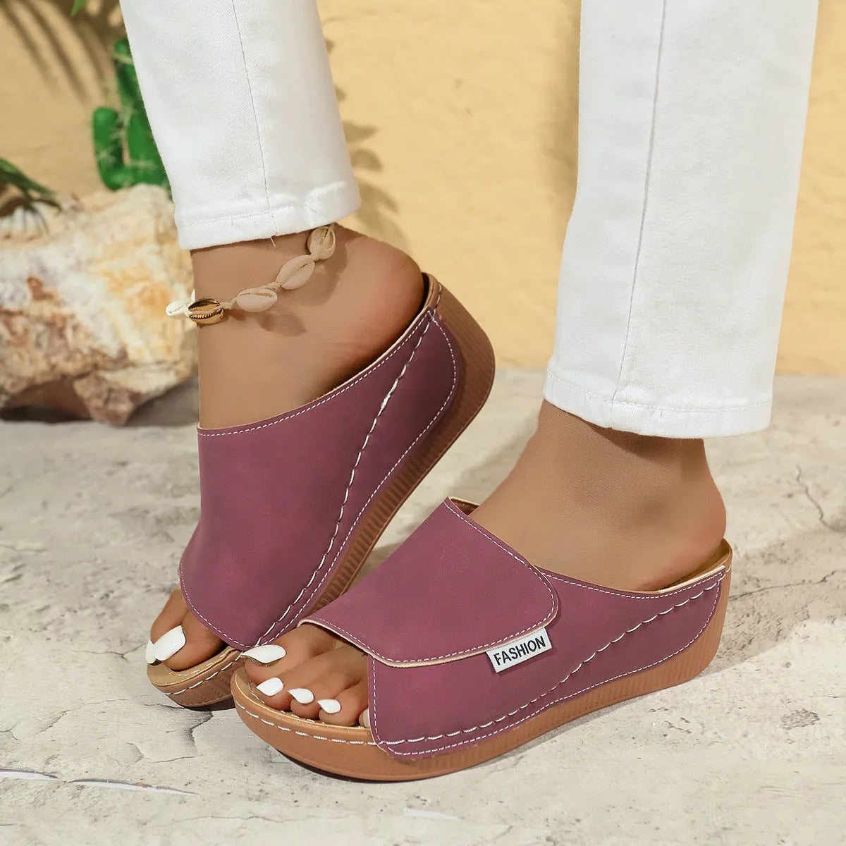 Women's summer wedge slide slippers fish mouth thick bottom solid colour beach sandals artificial PU upper rubber sole
