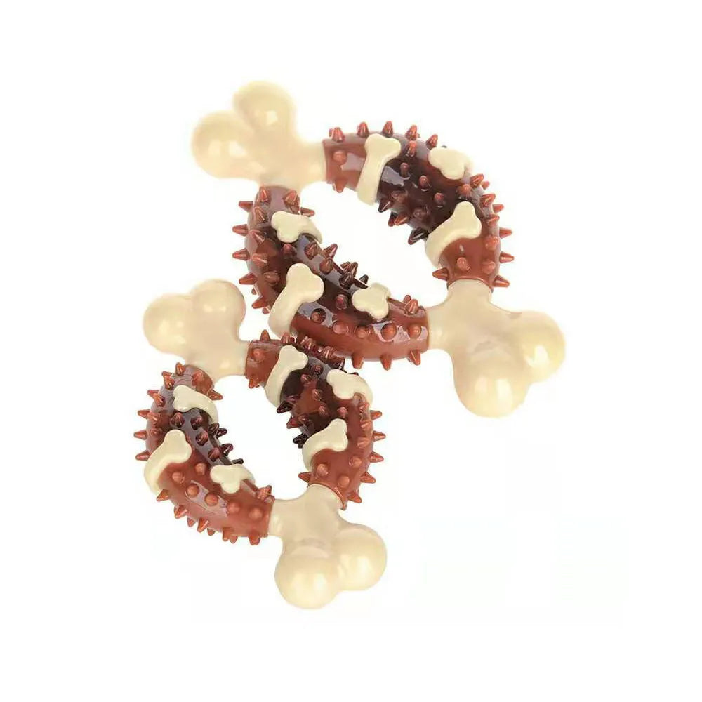 Bone-shaped natural rubber dog chew toy for teeth cleaning in two sizes