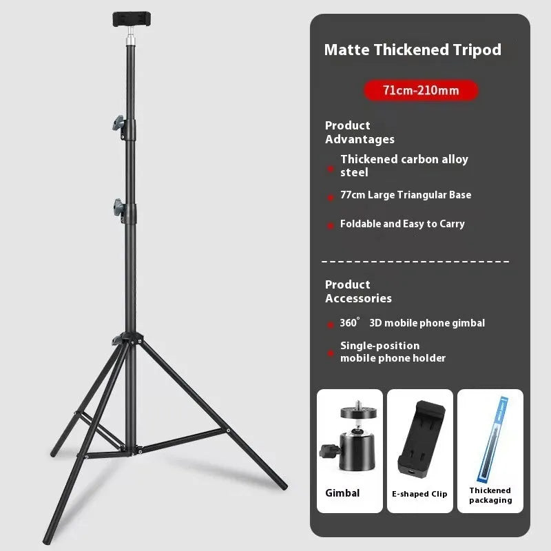 Frosted finish tripod light stand with extended legs and mobile phone holder mounted