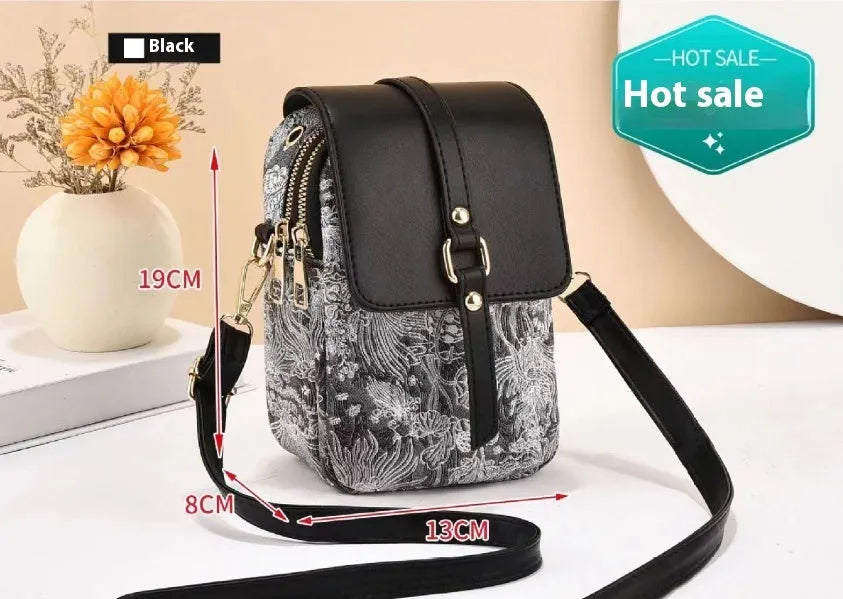 Women’s multi-compartment mobile phone bag in PU leather, bucket shape, 13x8x19cm, available in black