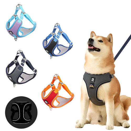 Adjustable breathable mesh dog harness with reflective stitching in multiple colour options