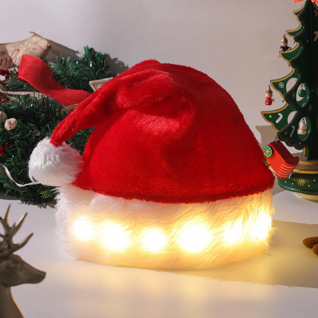 Red and white LED Santa hat with pom-pom and 9 colourful bulbs glowing