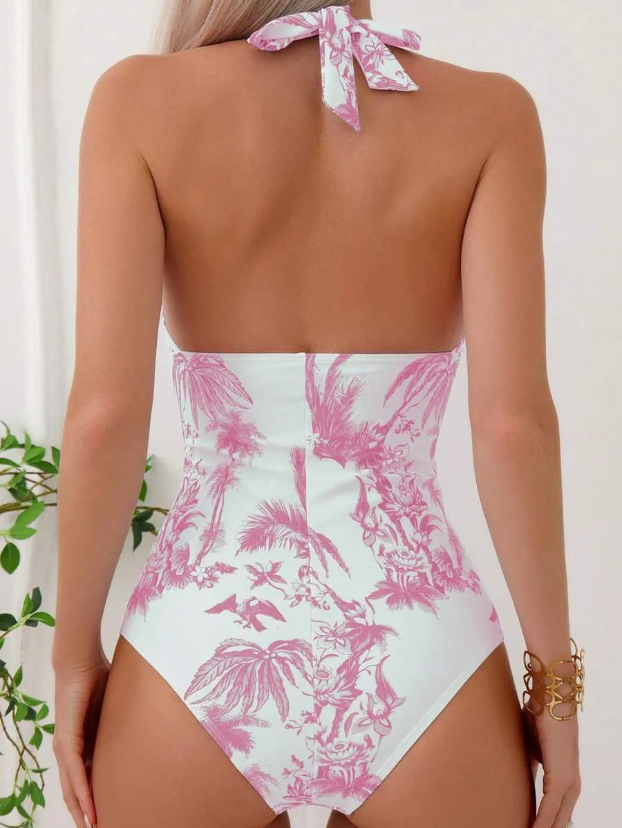 Women's printed V-neck one-piece swimsuit in polyester fabric with seven colour options