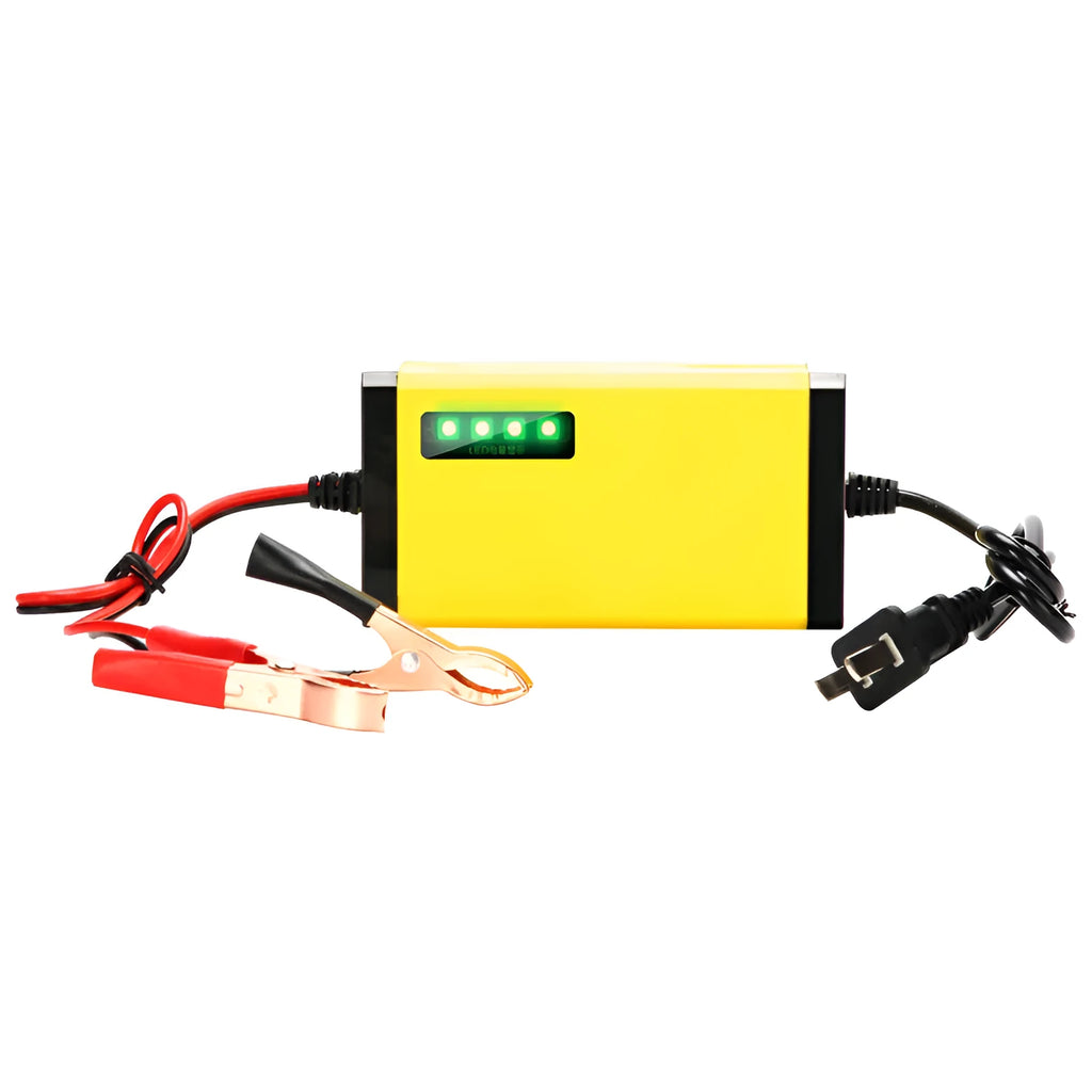 Yellow ABS motorcycle battery charger with alligator clips and 80cm input cable on a white background
