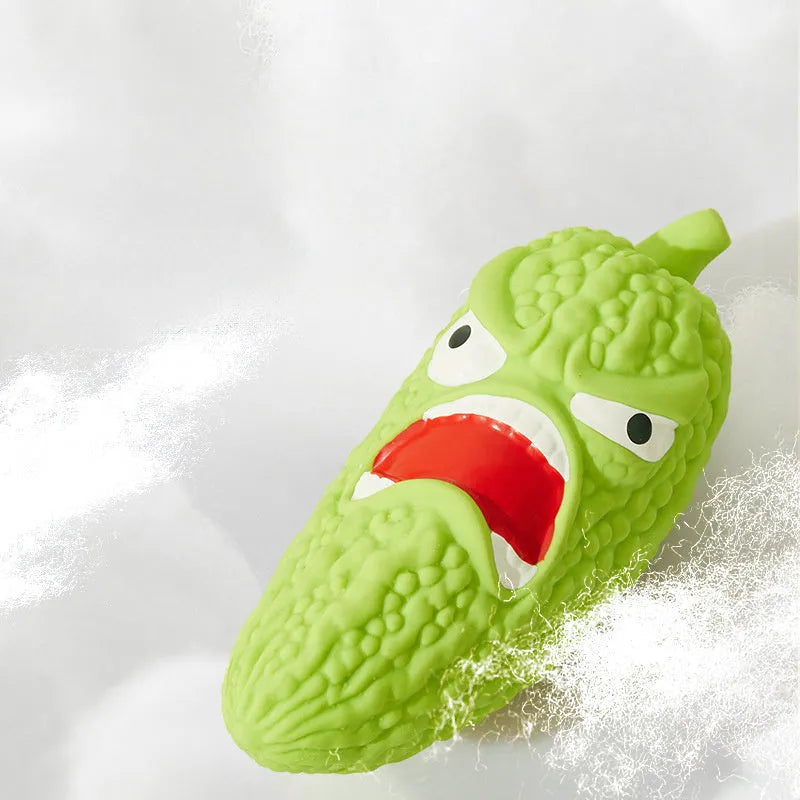 Bitter melon or chili shaped dog toy with textured surfaces for teeth cleaning and pet sound features