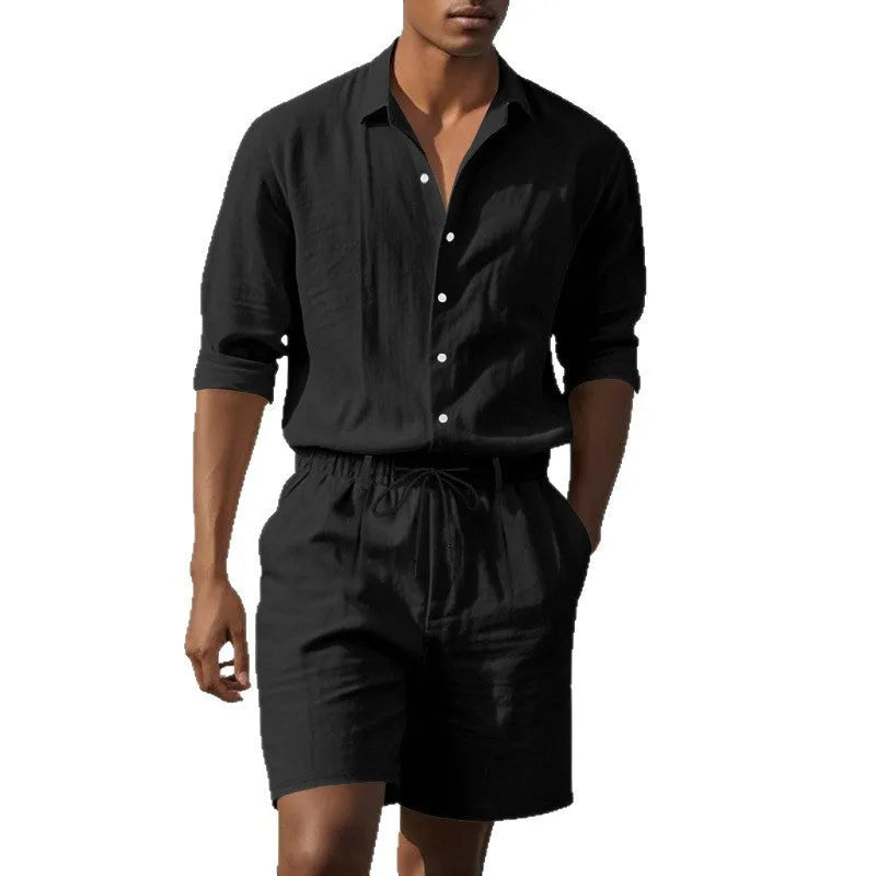 Men's linen blend long sleeve shirt and matching shorts set in light blue colour