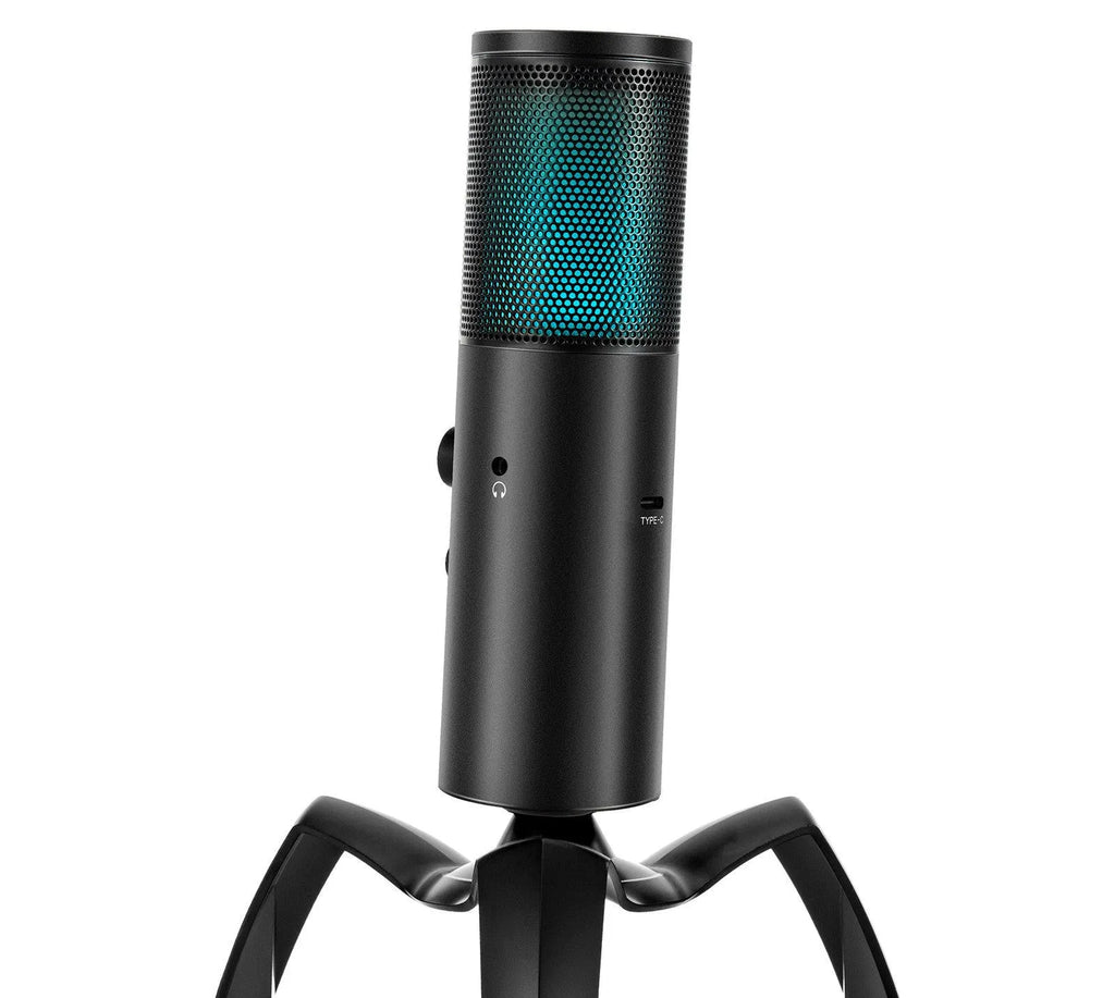 Black Q18 USB condenser microphone with RGB lights on a adjustable metal tripod