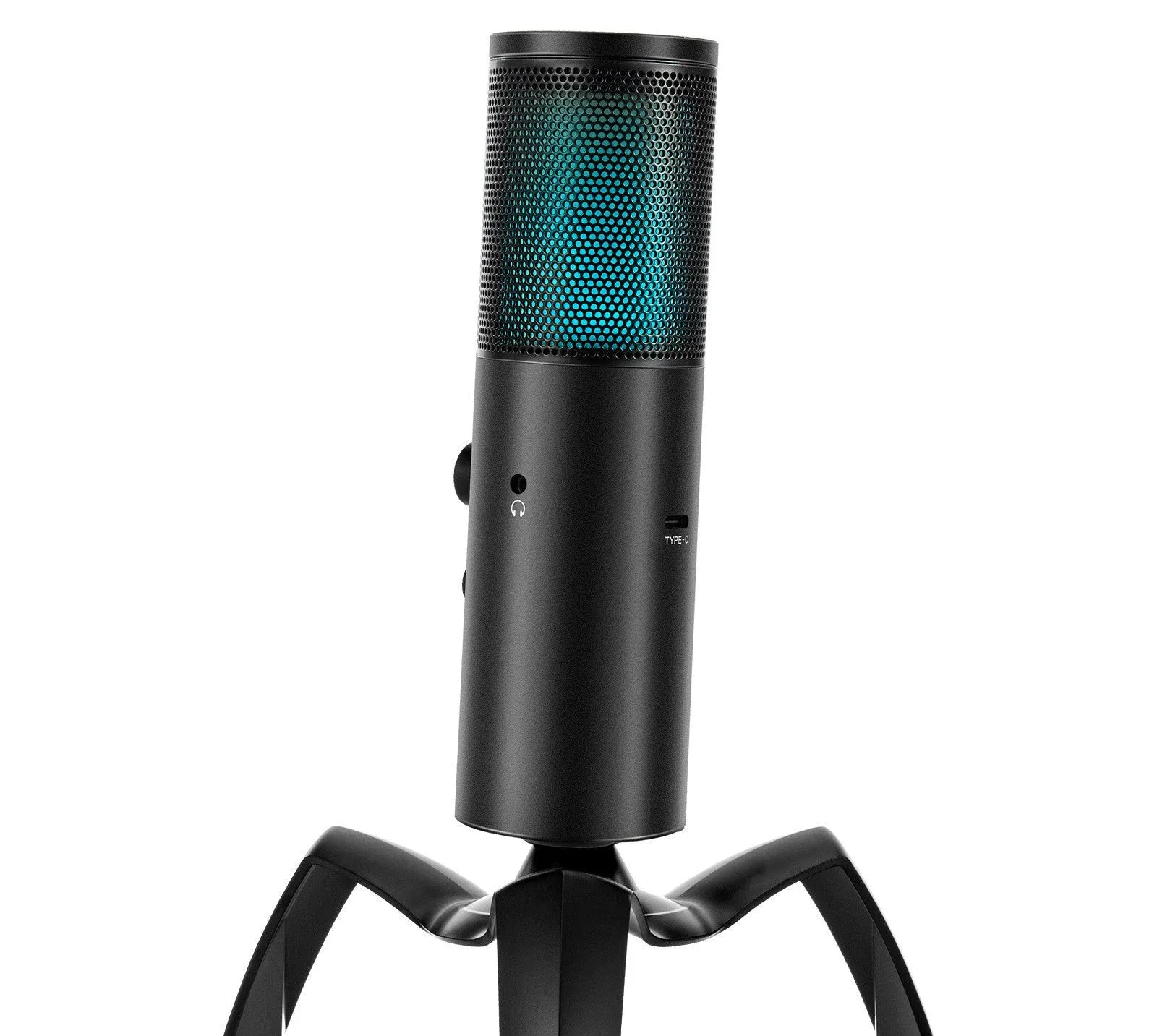 Black Q18 USB condenser microphone with RGB lights on a adjustable metal tripod